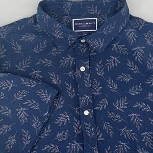 Charles Tyrwhitt Mens 2XL Linen Shirt Navy Blue Leaf Print Short Sleeve Classic